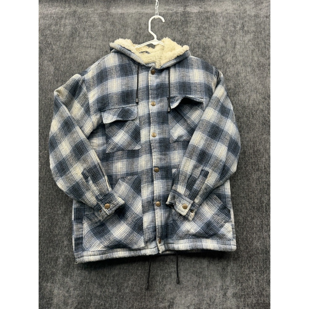 Basic Editions Jacket Mens Medium‎ Multi Plaid Sherpa Lined Button Front Hooded